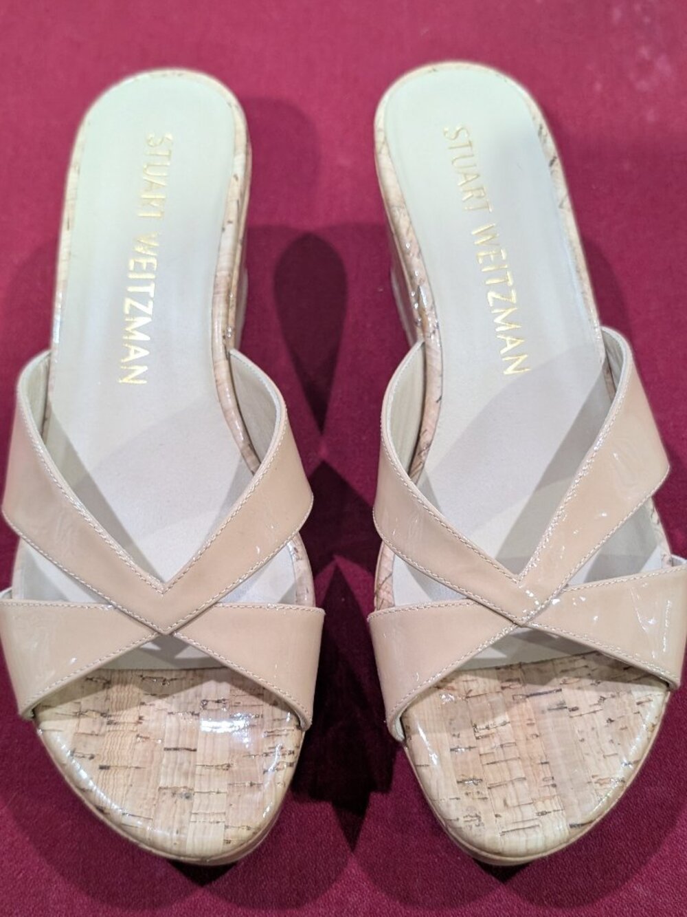 NEW! Stuart Weitzman Dayna Wedge Sandal, Nude Patent Leather